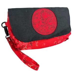 Handmade Red Floral Fabric Wristlet Clutch Embroidered Bird Black Flap Bag